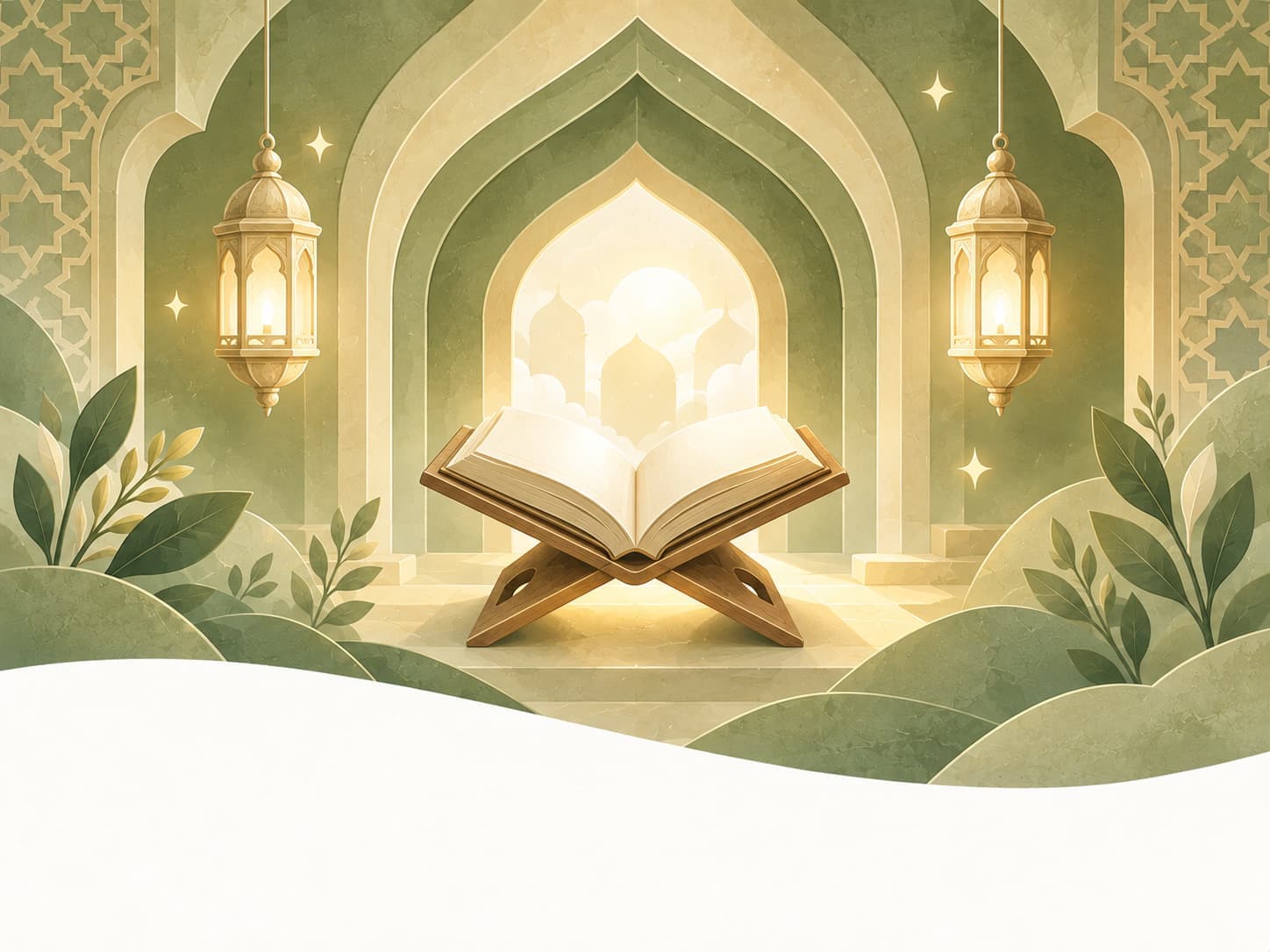 Ilustrasi Al-Quran dan lentera untuk Pondok Pesantren
